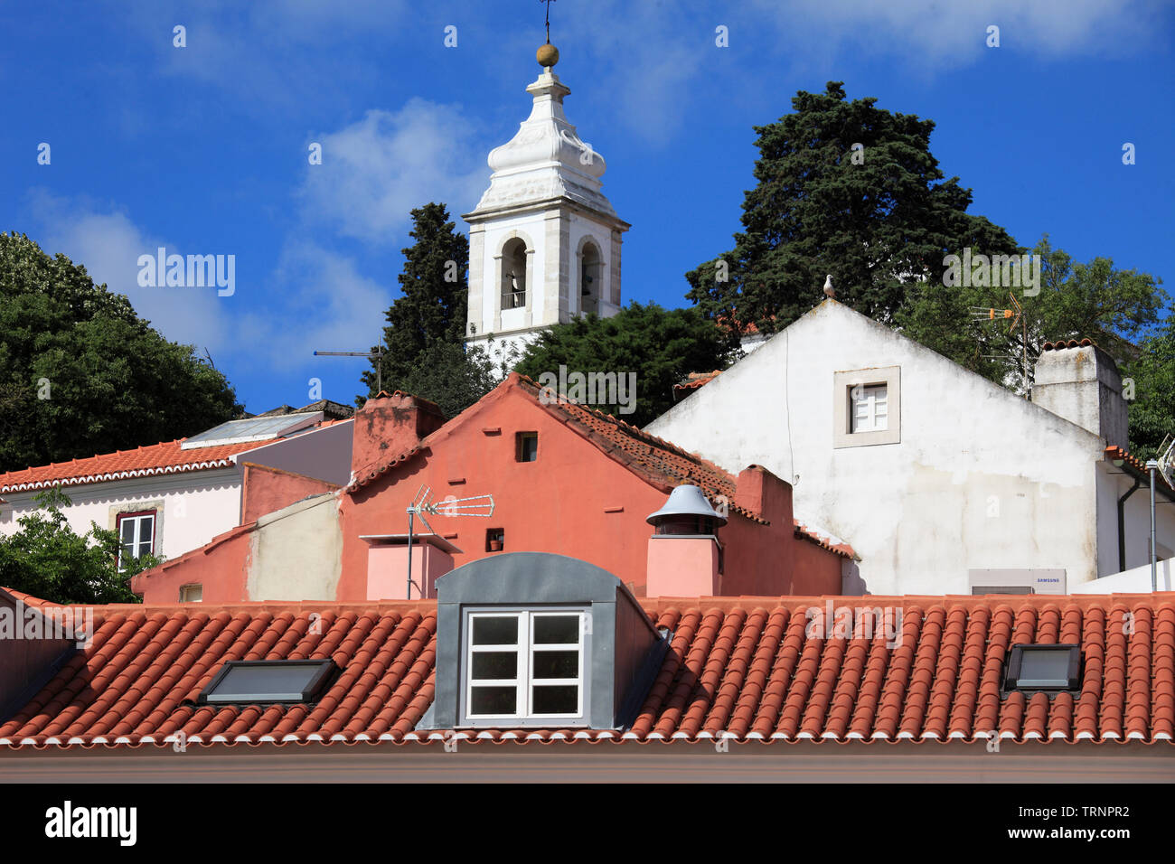 Portugal, Lisbon, Alfama, street scene, church, roofs, Stock Photo