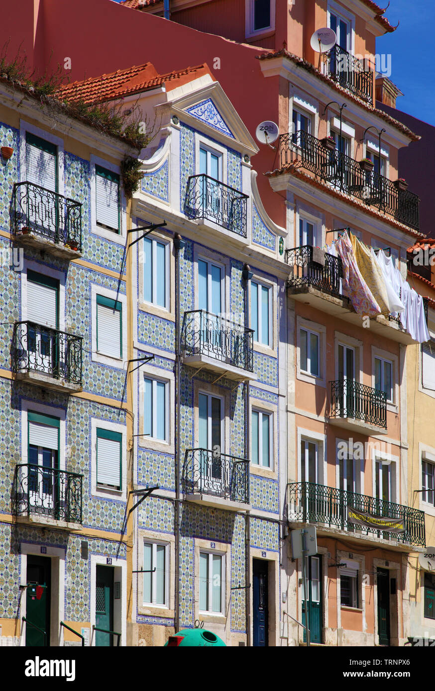 Portugal, Lisbon, Alfama, street scene, houses, azulejos, paited ceramic tiles, Stock Photo