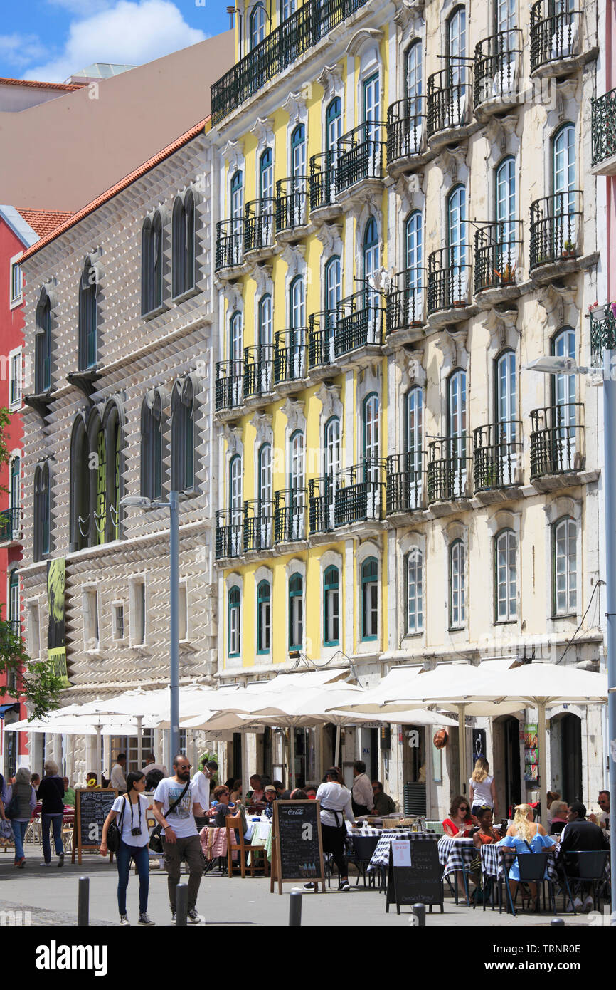 Portugal, Lisbon, Alfama, Rua dos Bacalhoeiros, street scene, retaurant, people, Stock Photo
