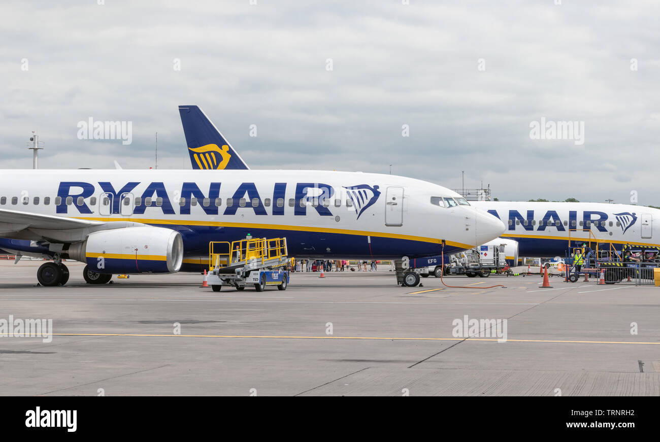 London, 31st May 2019: Two Ryanair flights preparing for takeoff from Stansted airport. Ryanair is Europe's biggest low cost airline, and the world's Stock Photo
