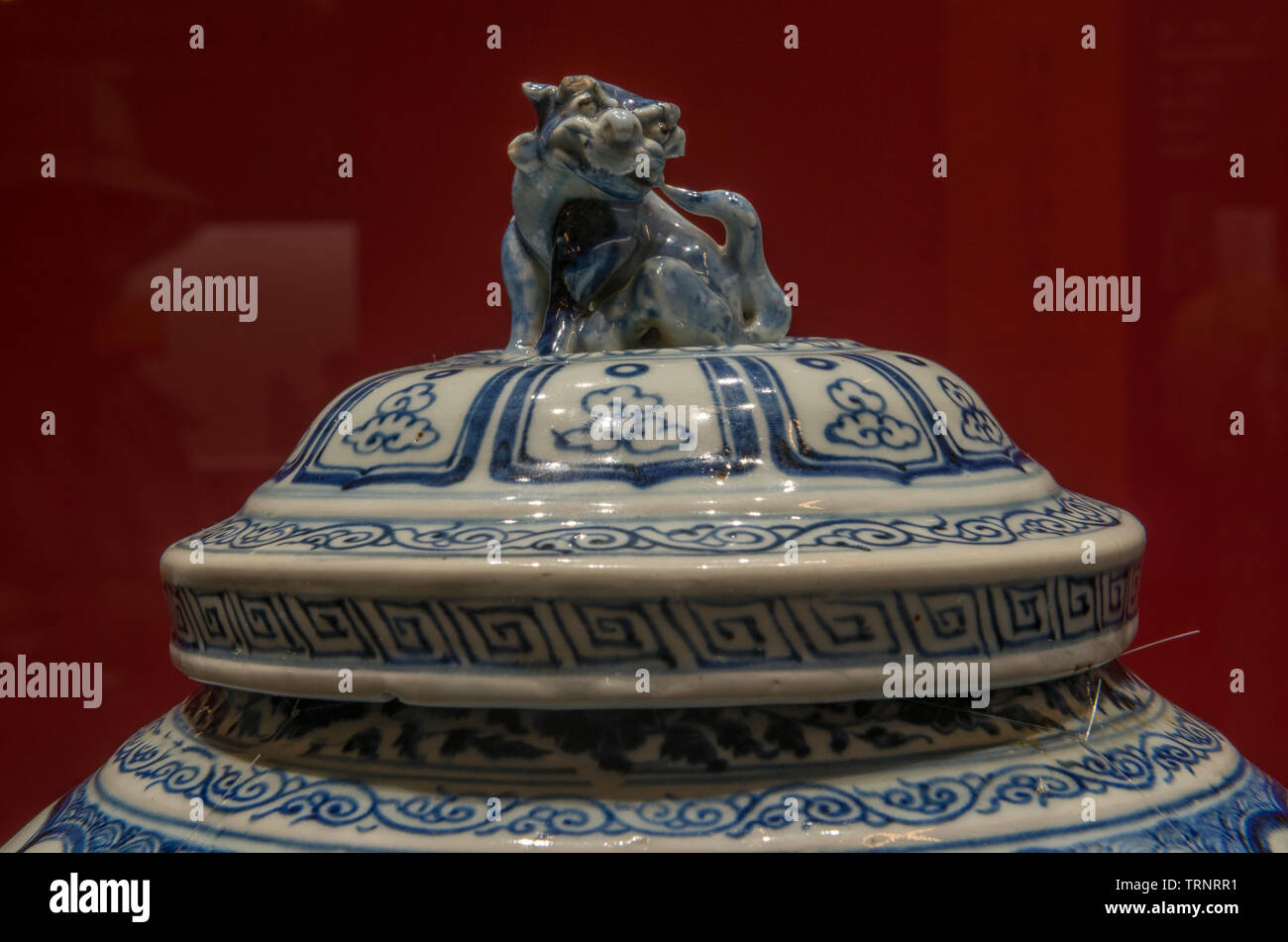 Part of Blue and White Underglaze Red Jar with Hallowed-out Lid. 1271 AD - 1368 AD(Yuan Dynasty).  Hebei Museum, China Stock Photo