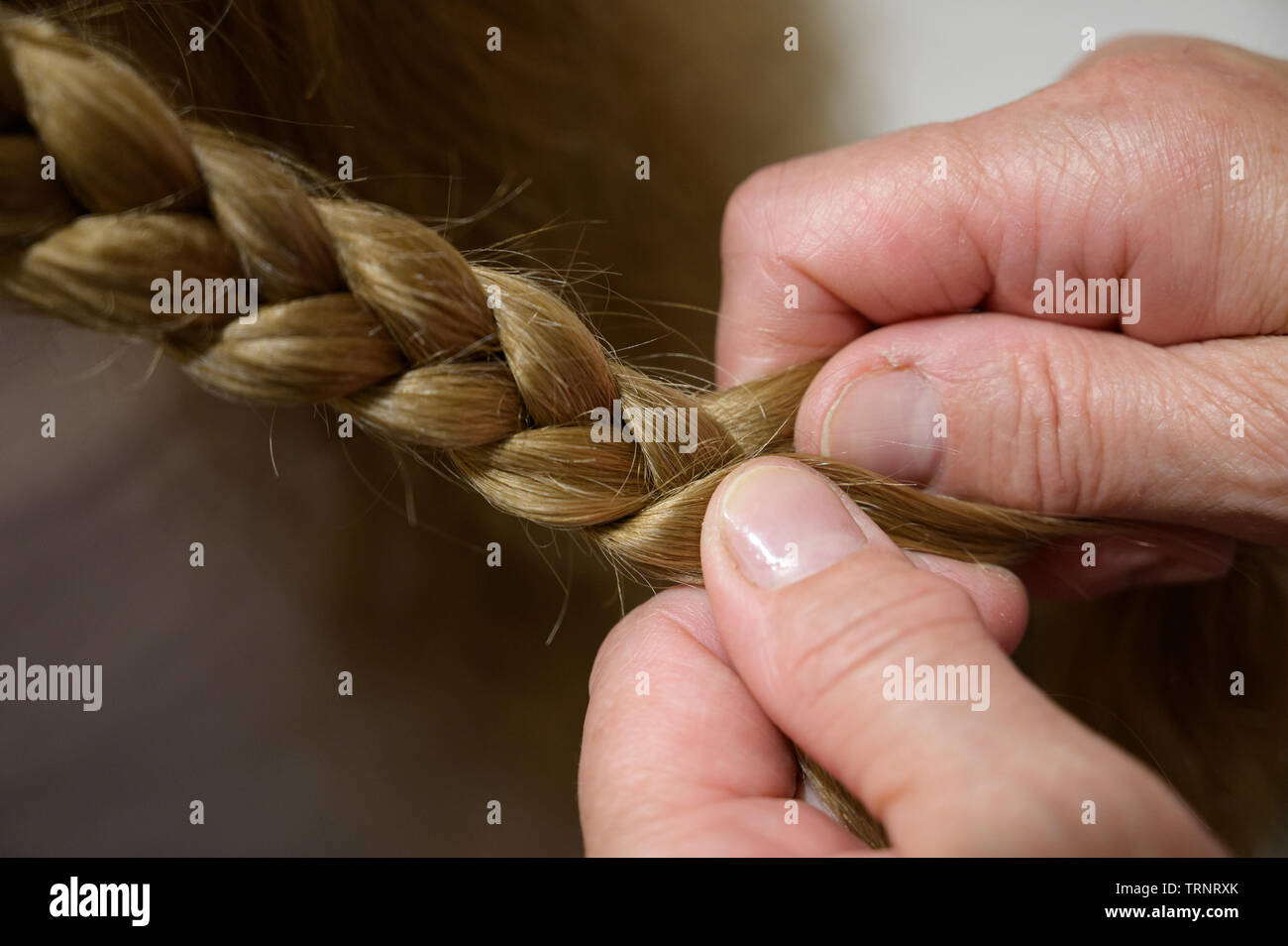 randmother make pigtail her granddaughter. Selective focus. Stock Photo