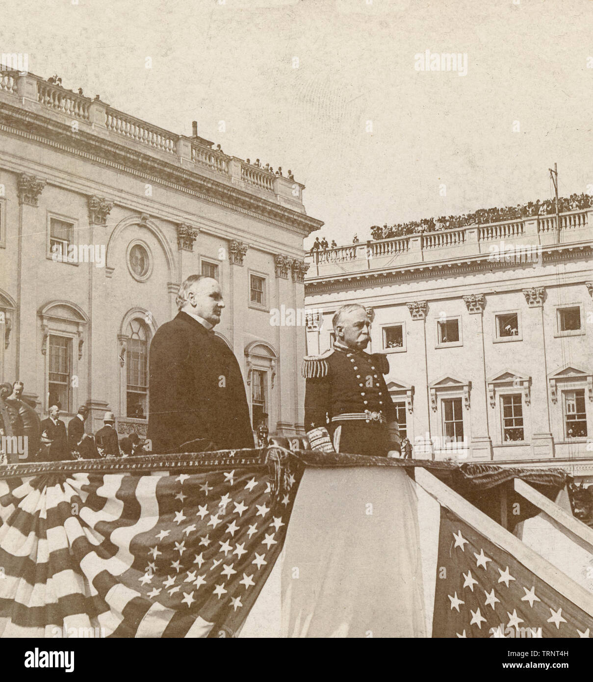 Antique October 3, 1899 photograph, President McKinley and Admiral Dewey reviewing the troops at the Presentation of the Sword in Washington, DC. Original photo by B.L. Singley. SOURCE: ORIGINAL STEREOVIEW CARD. Stock Photo