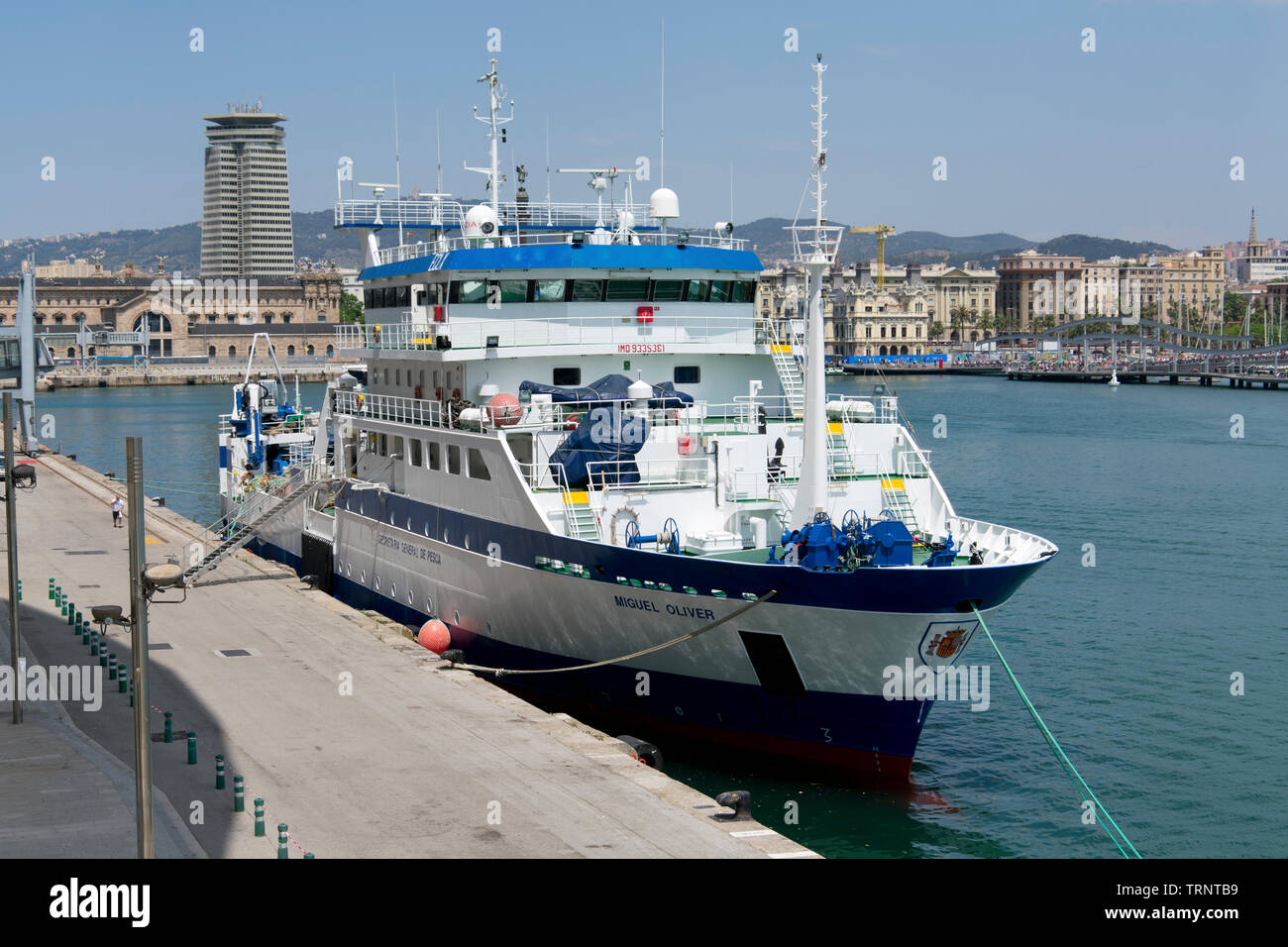 Oceanographic vessel Miguel Oliver moored at the Barcelona Wharf. Stock Photo