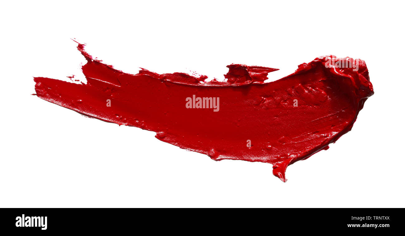 Smear and texture of red lipstick or acrylic paint isolated on white background. Stock Photo