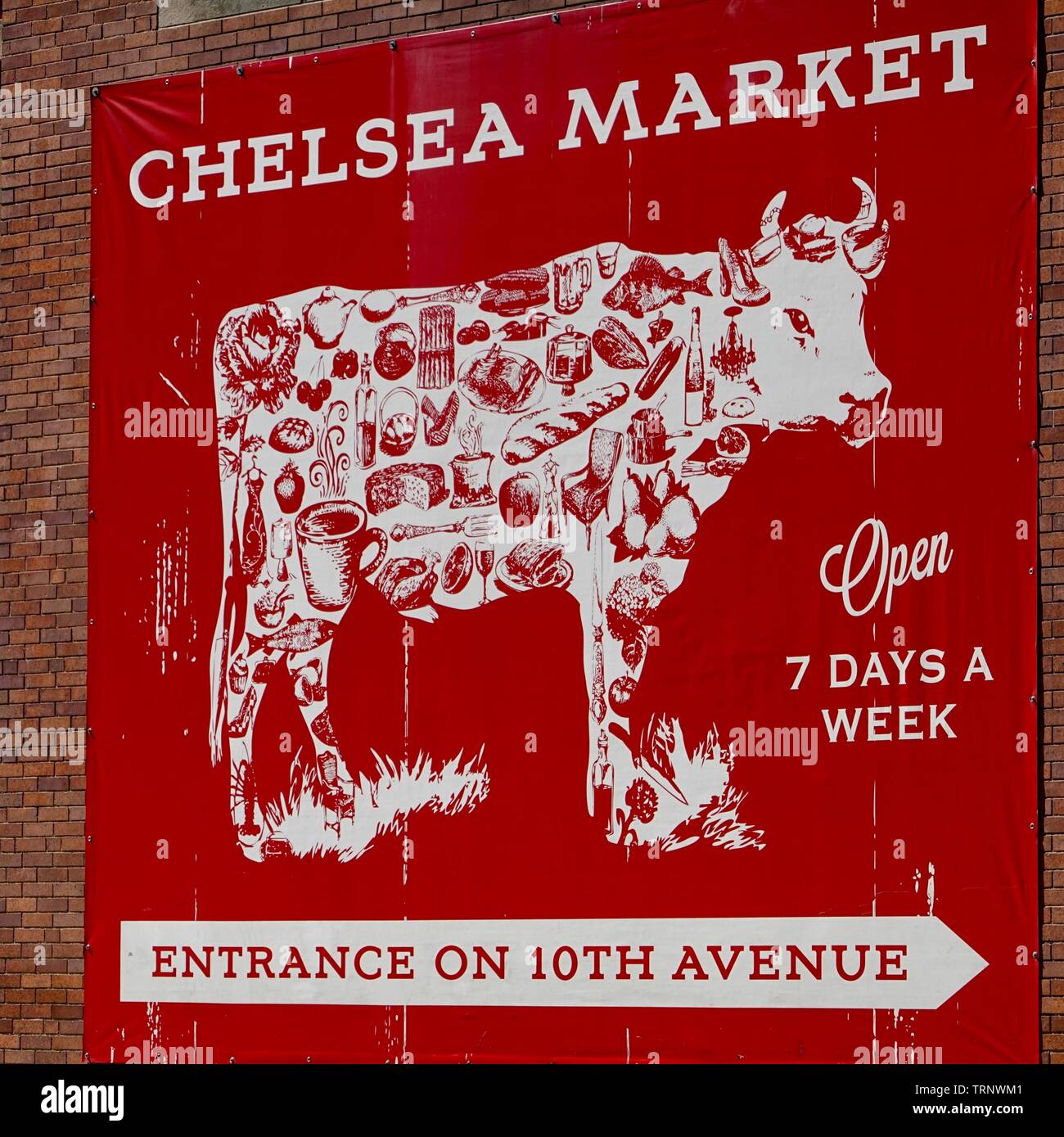 Chelsea Market sign, banner, with cow graphic, New York, NY, USA Stock Photo