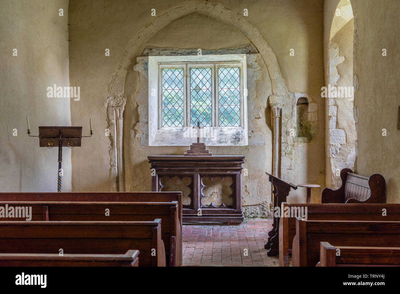 Interior of the All Saints' Church in Little Somborne - a redundant church now in the care of the Churches Conservation Trust, Hampshire, England, UK Stock Photo