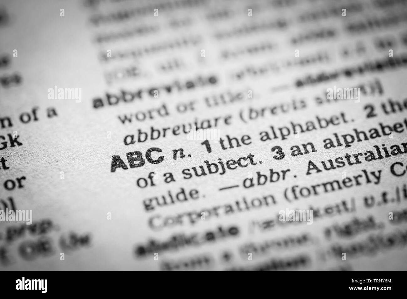 Close up of the letters ABC in an English dictionary/ alphabet/ spelling, learning to spell/ read concept Stock Photo