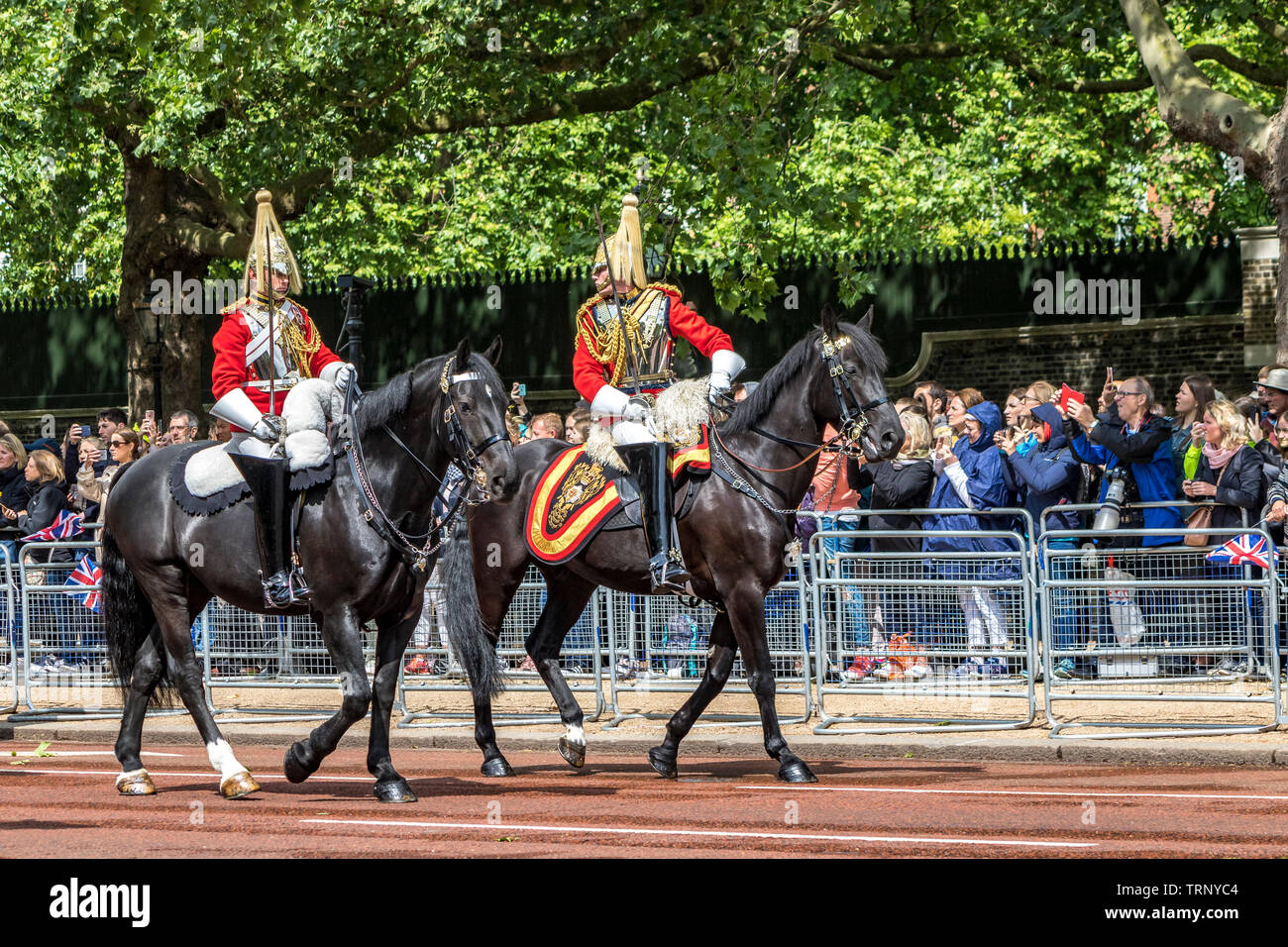 A Life Guards on horseback in full ceremonial uniform  riding along The Mall at The Trooping The Colour ceremony ,London, UK,  2019 Stock Photo