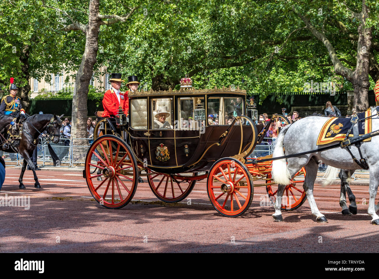 Her Majesty The Queen riding in The Scottish State Coach along The Mall at The Trooping The Colour ceremony ,London 2019 Stock Photo