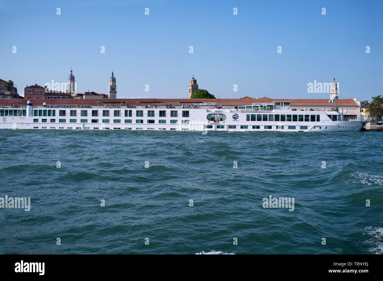 10 - May - 2019, Venice, Italy: River Countess ferry boat, involved in the accident with the cruise ship MSC Opera in the Giudecca canal in Venice 2/0 Stock Photo