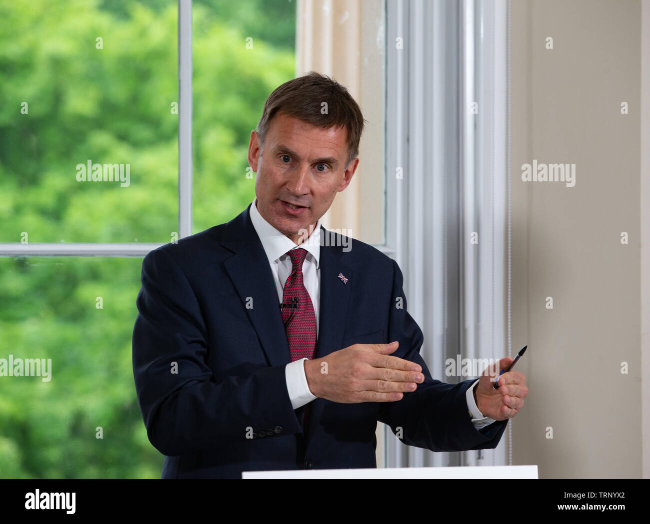 London, UK. 10th June, 2019. Jeremy Hunt Leadership speech, London, UK. 10th June, 2019. Leadership candidate, Jeremy Hunt, gives his speech in his bid to become the Leader of the Conservative party. His slogan is 'Unite to win'. Credit: Tommy London/Alamy Live News Stock Photo