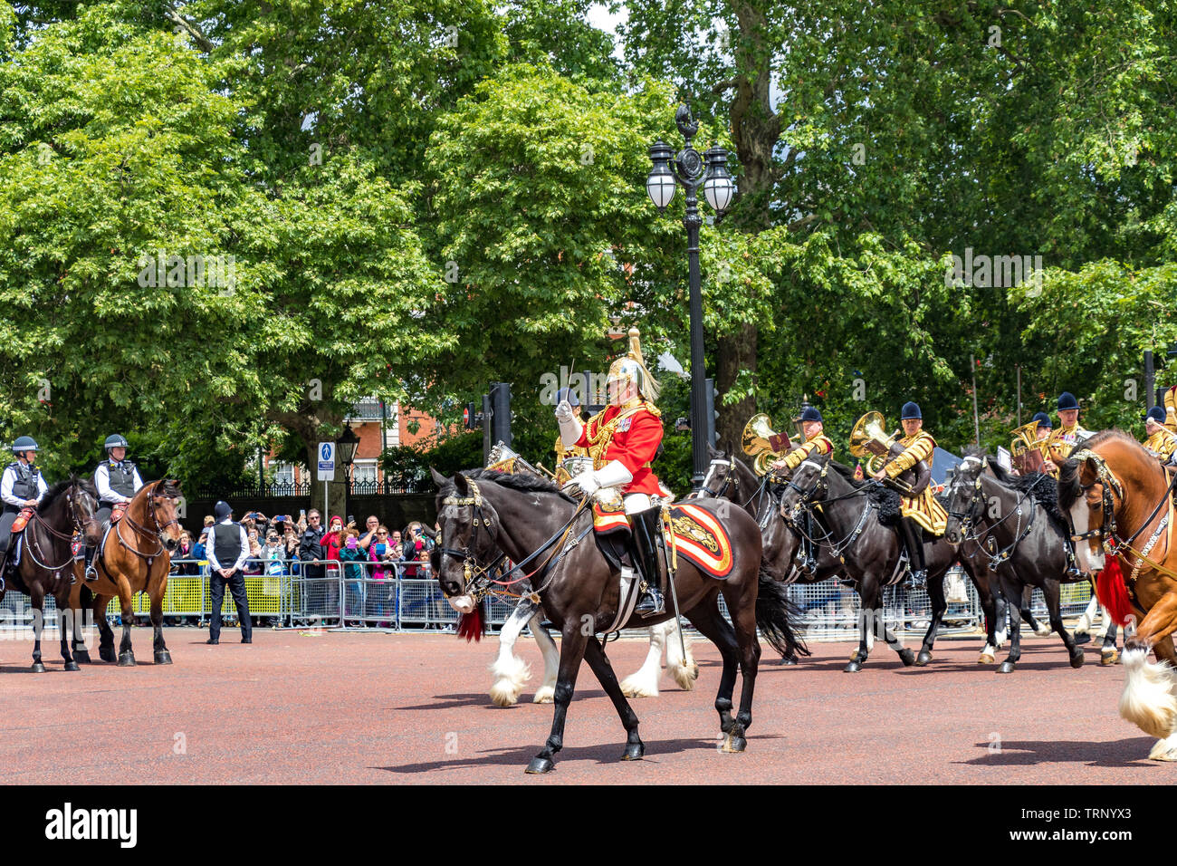 The Mounted Band of The Household Cavalry led by the Musical director , on The Mall at The Trooping The Colour Ceremony ,London, UK, 2019 Stock Photo