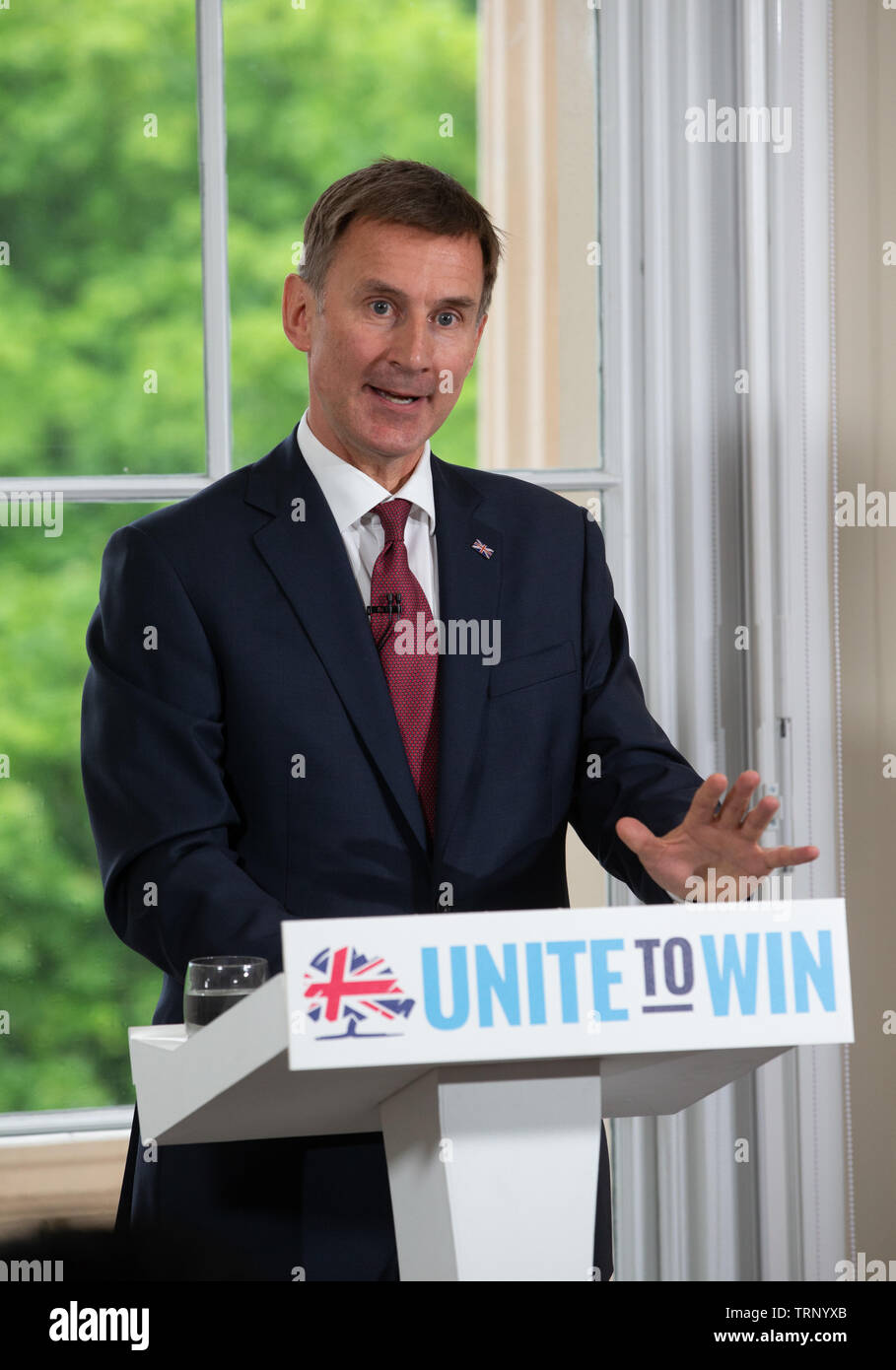 London, UK. 10th June, 2019. Jeremy Hunt Leadership speech, London, UK. 10th June, 2019. Leadership candidate, Jeremy Hunt, gives his speech in his bid to become the Leader of the Conservative party. His slogan is 'Unite to win'. Credit: Tommy London/Alamy Live News Stock Photo