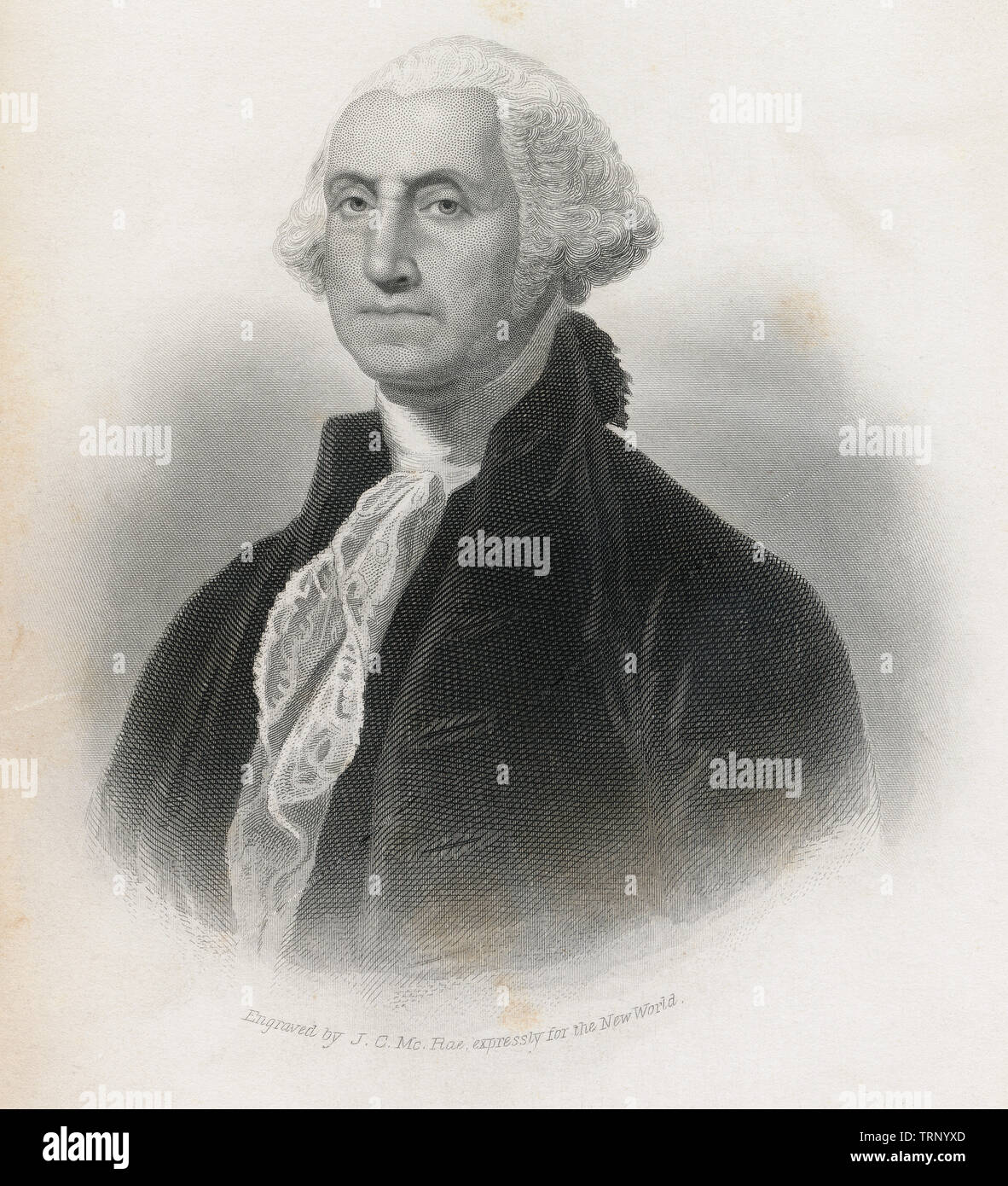 Antique 1873 steel engraving of George Washington. Engraved by J.C. McRae for The New World. SOURCE: ORIGINAL ENGRAVING Stock Photo