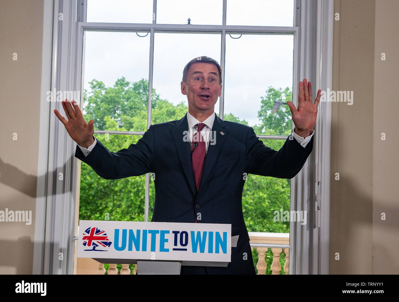 London, UK. 10th June, 2019. Jeremy Hunt Leadership speech, London, UK. 10th June, 2019. Leadership candidate, Jeremy Hunt, gives his speech in his bid to become the Leader of the Conservative party. His slogan is 'Unite to win'. Credit: Tommy London/Alamy Live News Stock Photo