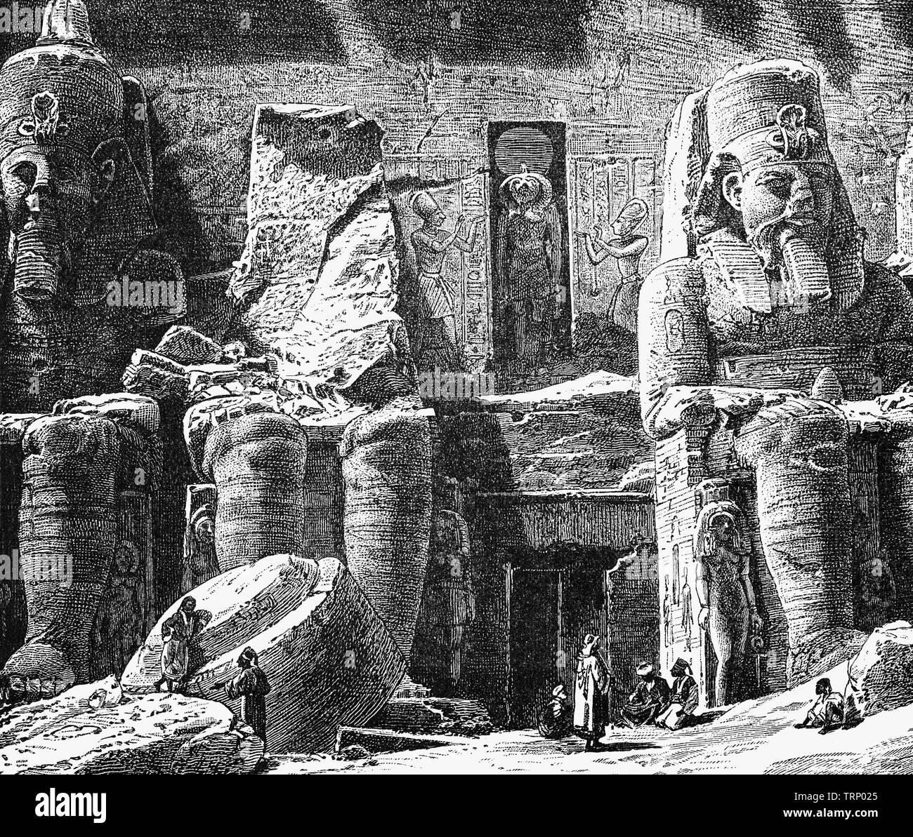 The Abu Simbel temples are two massive rock temples at Abu Simbel, a village in Nubia, Upper Egypt, near the border with Sudan. They are situated on the western bank of Lake Nasser, about 230 km (140 mi) southwest of Aswan. The twin temples were originally carved out of the mountainside in the 13th century BC, during the 19th dynasty reign of the Pharaoh Ramesses II. They serve as a lasting monument to the king and his queen Nefertari, and commemorate his victory at the Battle of Kadesh. Stock Photo