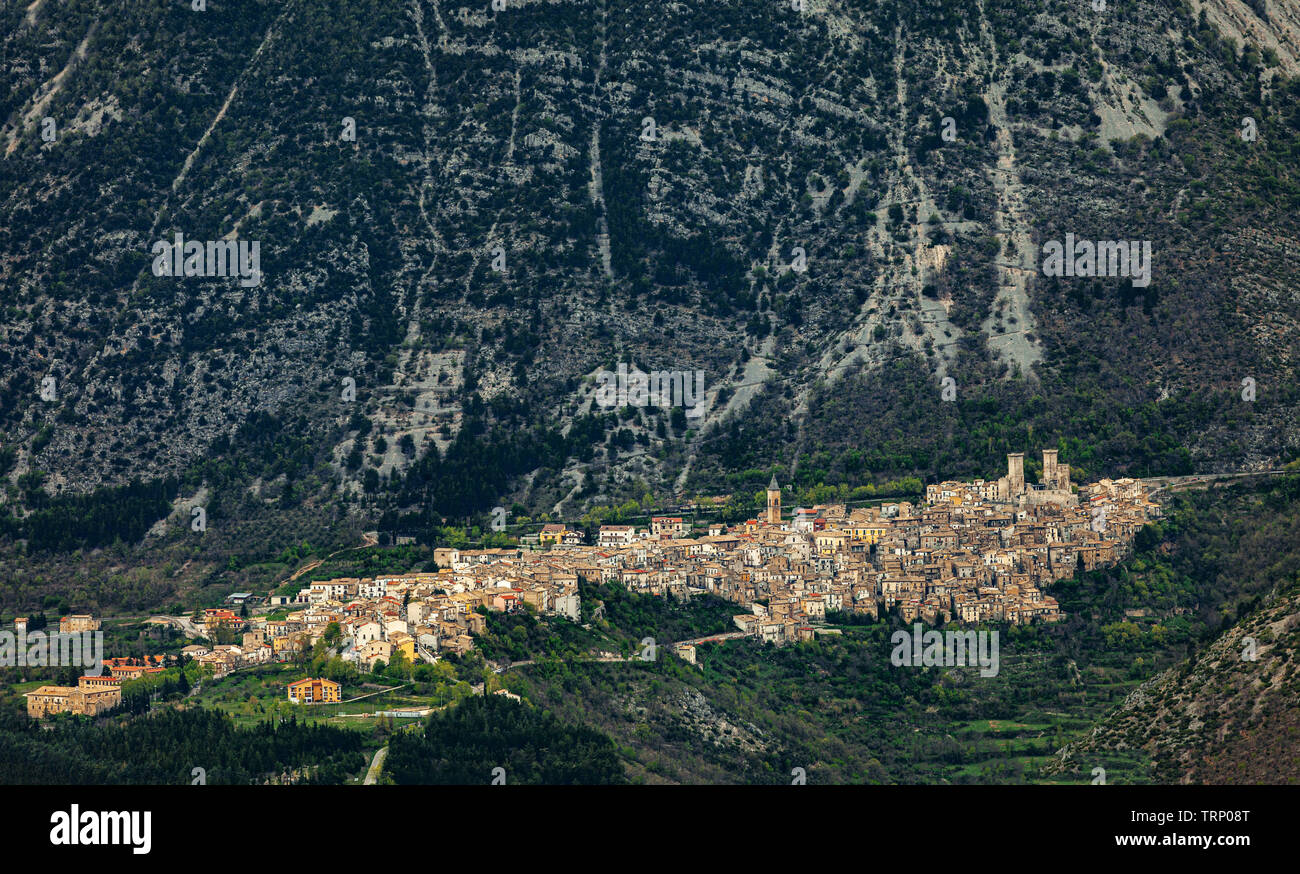 seen from far iof the mountain village of Pacentro, in the Majella National Park. Abruzzo, Italy Stock Photo