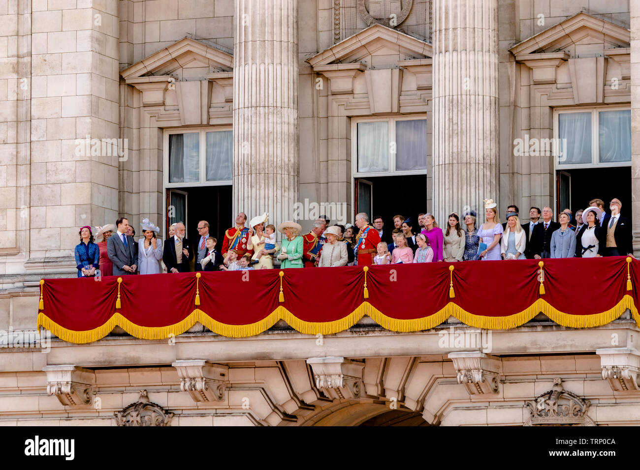 The Queen and members of The Royal Family gather together on the Buckingham Palace balcony following the Trooping The Colour Parade, London, UK, 2019 Stock Photo