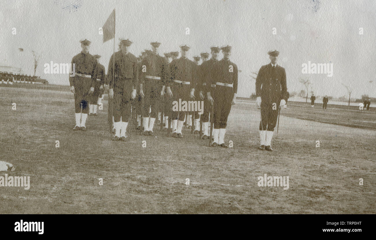 Antique c1920 photograph, “Annapolis boys on drill” at the United States Naval Academy in Annapolis, Maryland. SOURCE: ORIGINAL PHOTOGRAPH Stock Photo