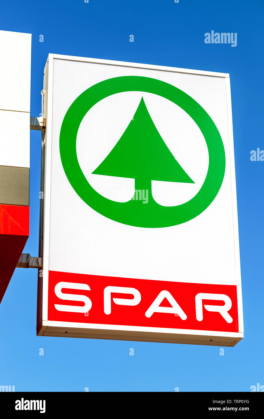 Samara, Russia - June 9, 2019: Logo of the supermarket SPAR is an international retail chain and franchise Stock Photo
