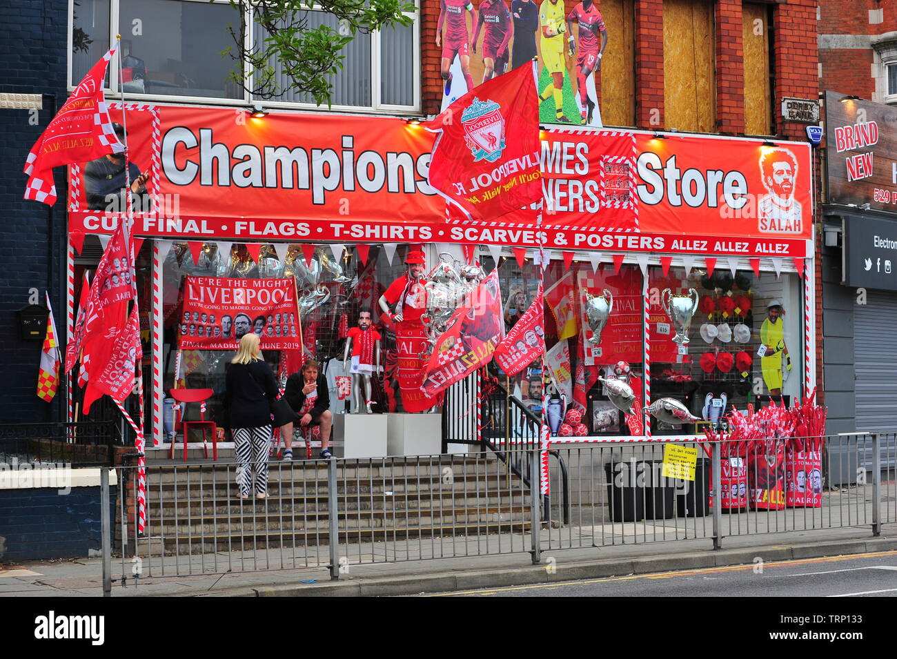 Pop up Champions League Stores in Liverpool prior to the 2019 Champions League Final between Liverpool & Tottenham Hotspur. Stock Photo