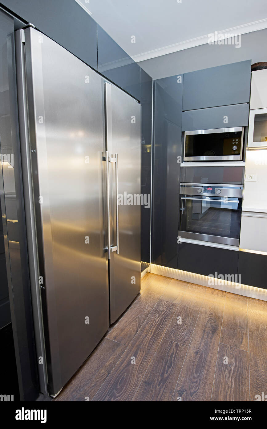 Interior design decor showing modern kitchen with refrigerator in luxury apartment showroom Stock Photo