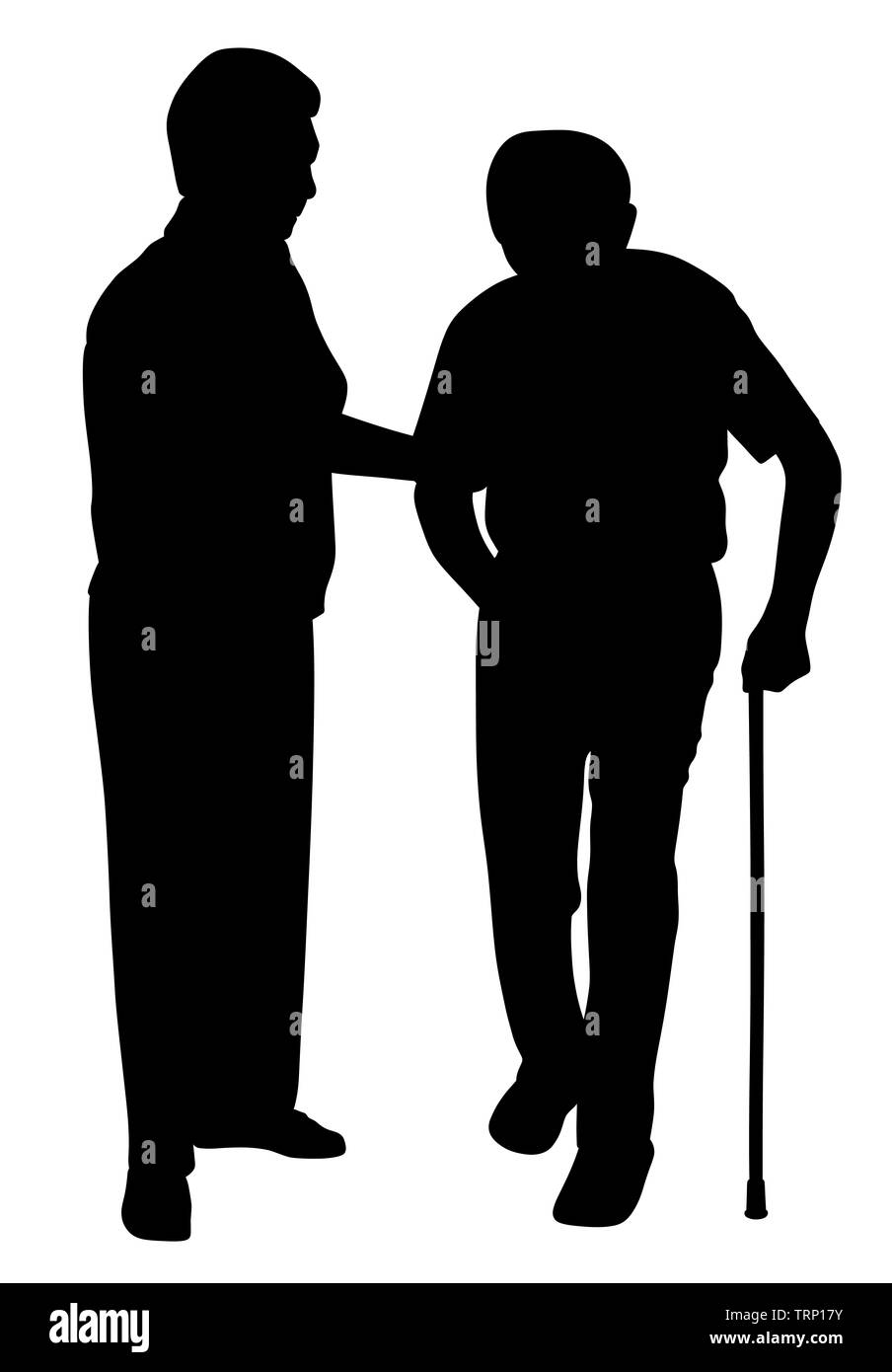 Senior woman supporting a senior man with walking stick Stock Photo