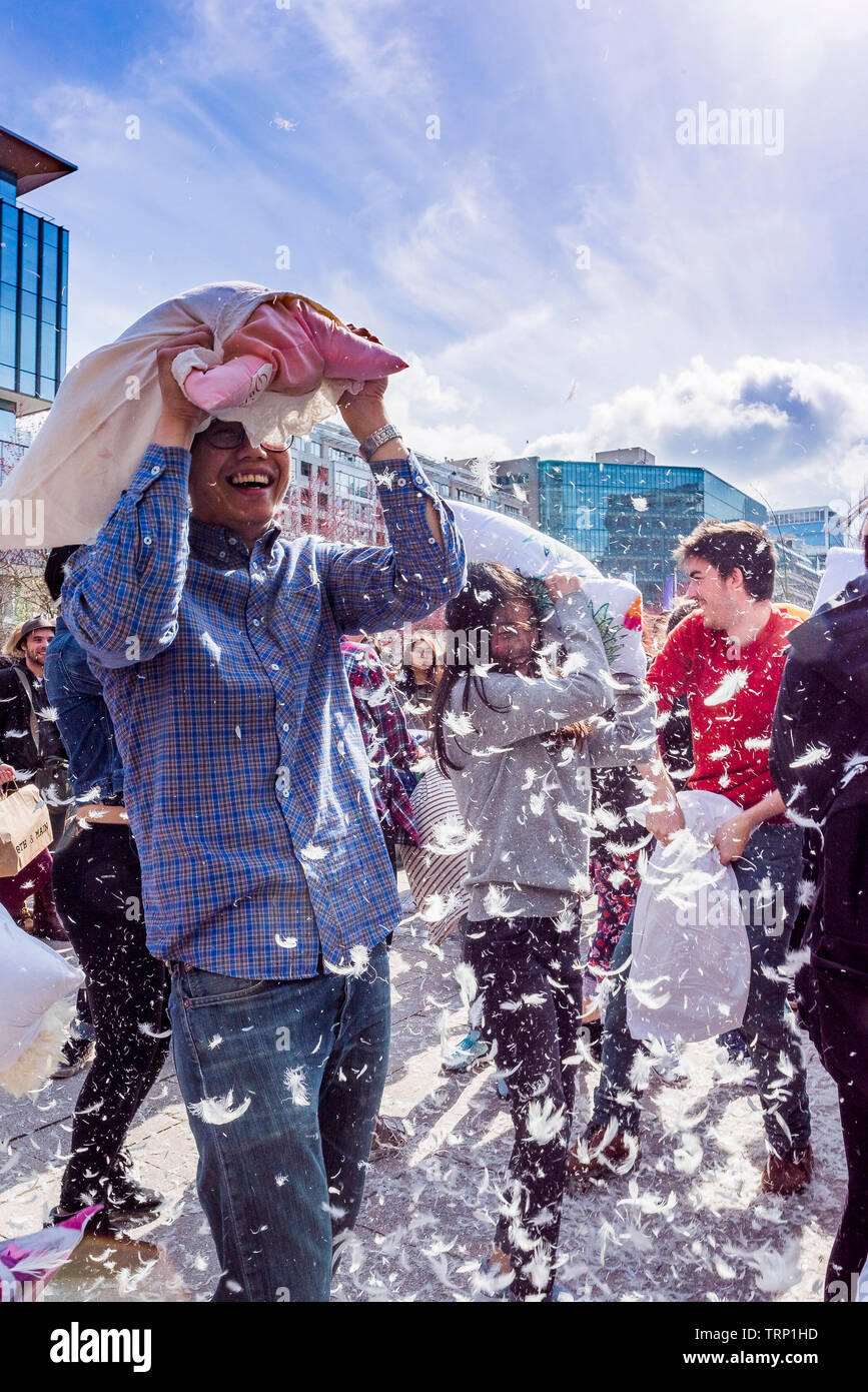 International pillow fight day Stock Photo