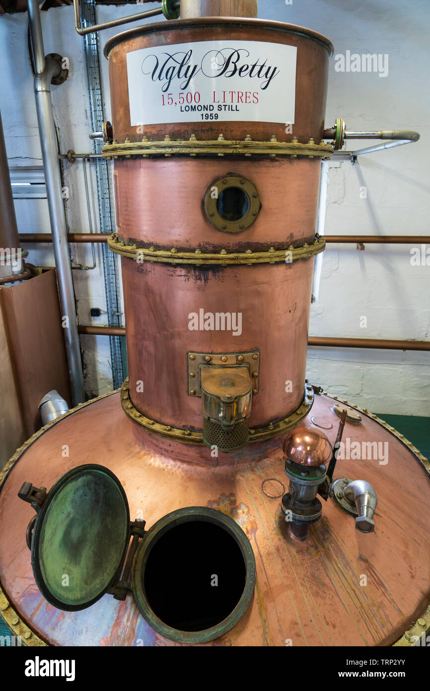 View of Ugly Betty gin still for The Botanist gin at Bruichladdich Distillery on island of Islay in Inner Hebrides of Scotland, UK Stock Photo
