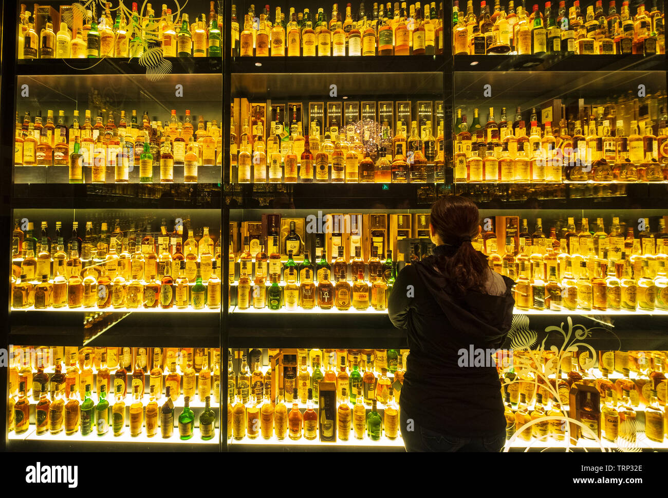 Many bottles of Scotch Whisky in Scotch Whisky Experience tourist visitor centre on Royal Mile in Edinburgh, Scotland, UK Stock Photo