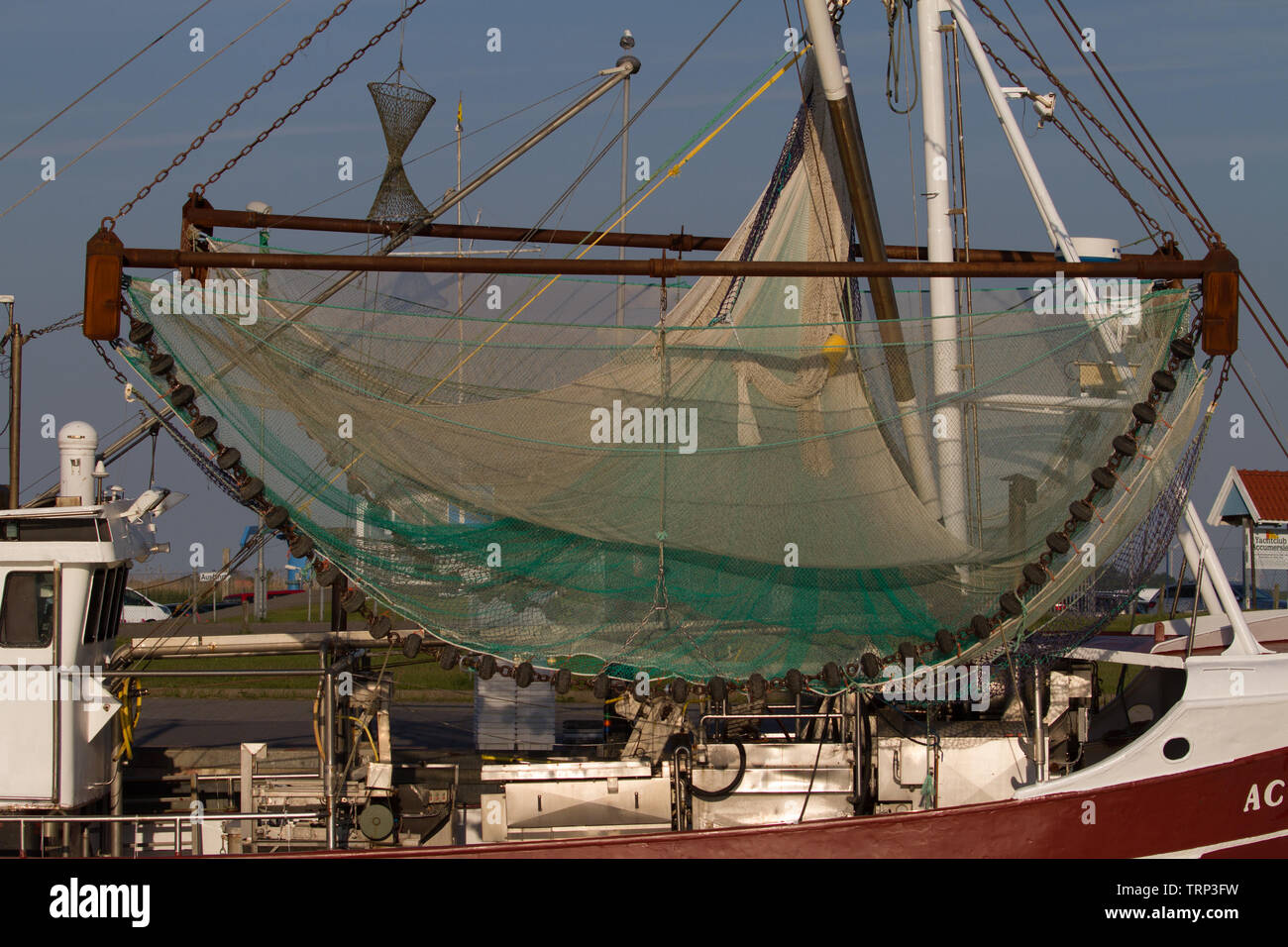Closeup of net on moored trawler. East Frisia. Lower Saxony. Germany. Stock Photo
