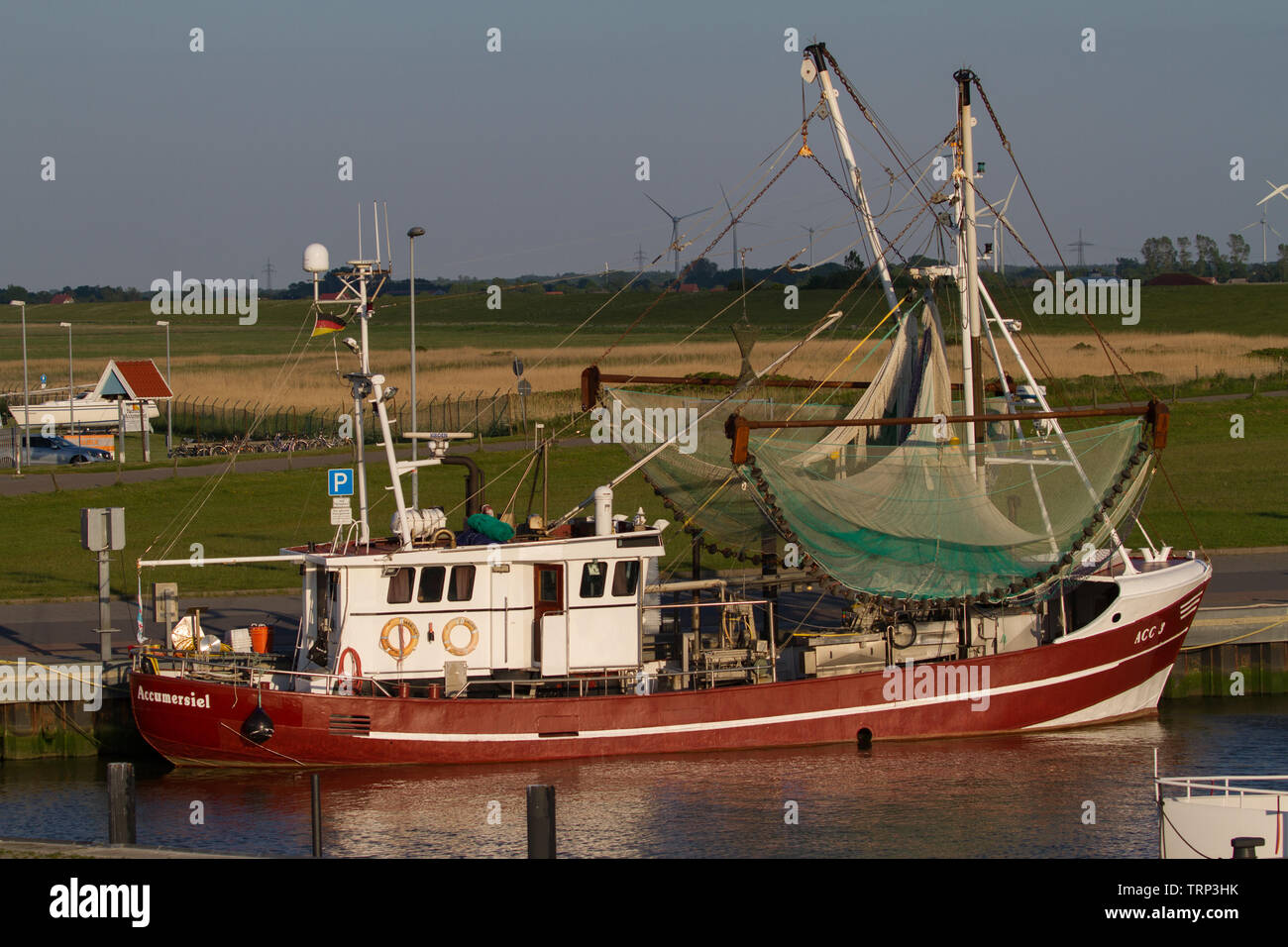 Fishing Boat moored in harbour. East Frisia. Lower Saxony. Germany. Stock Photo