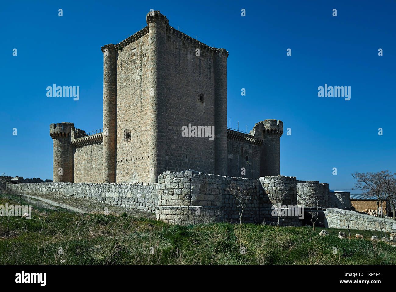 Castle of Garci Franco de Toledo of the 15th century, gothic style in stone of masonry, Villafuerte de Esgueva, Valladolid, Spain, Stock Photo