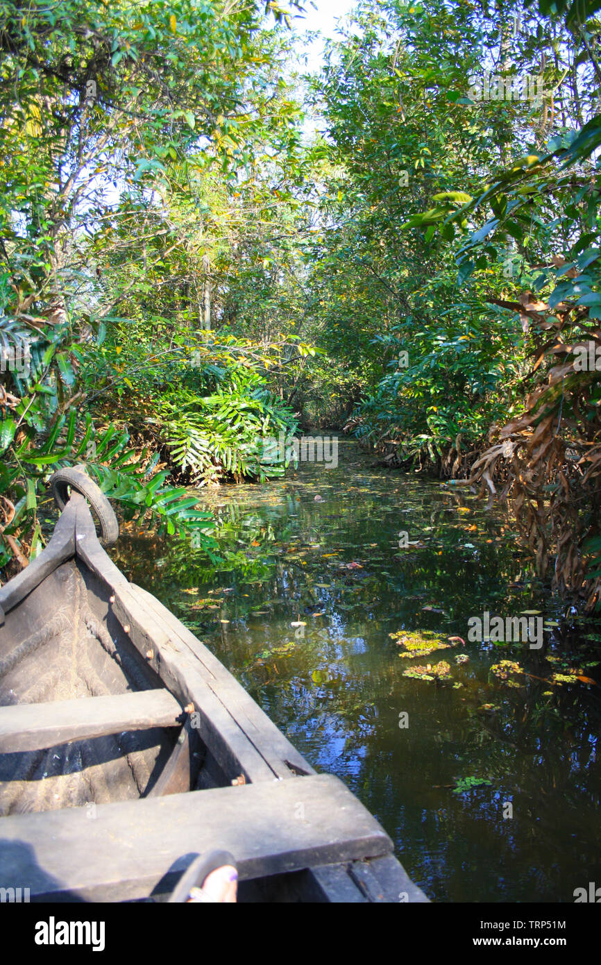 Kerala Backwater guided tour in a wooden canoe with local seafood feast and secluded in the nature of India Stock Photo