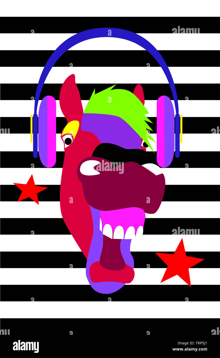 Funny horse head with headphones and stars, vivid modern colors