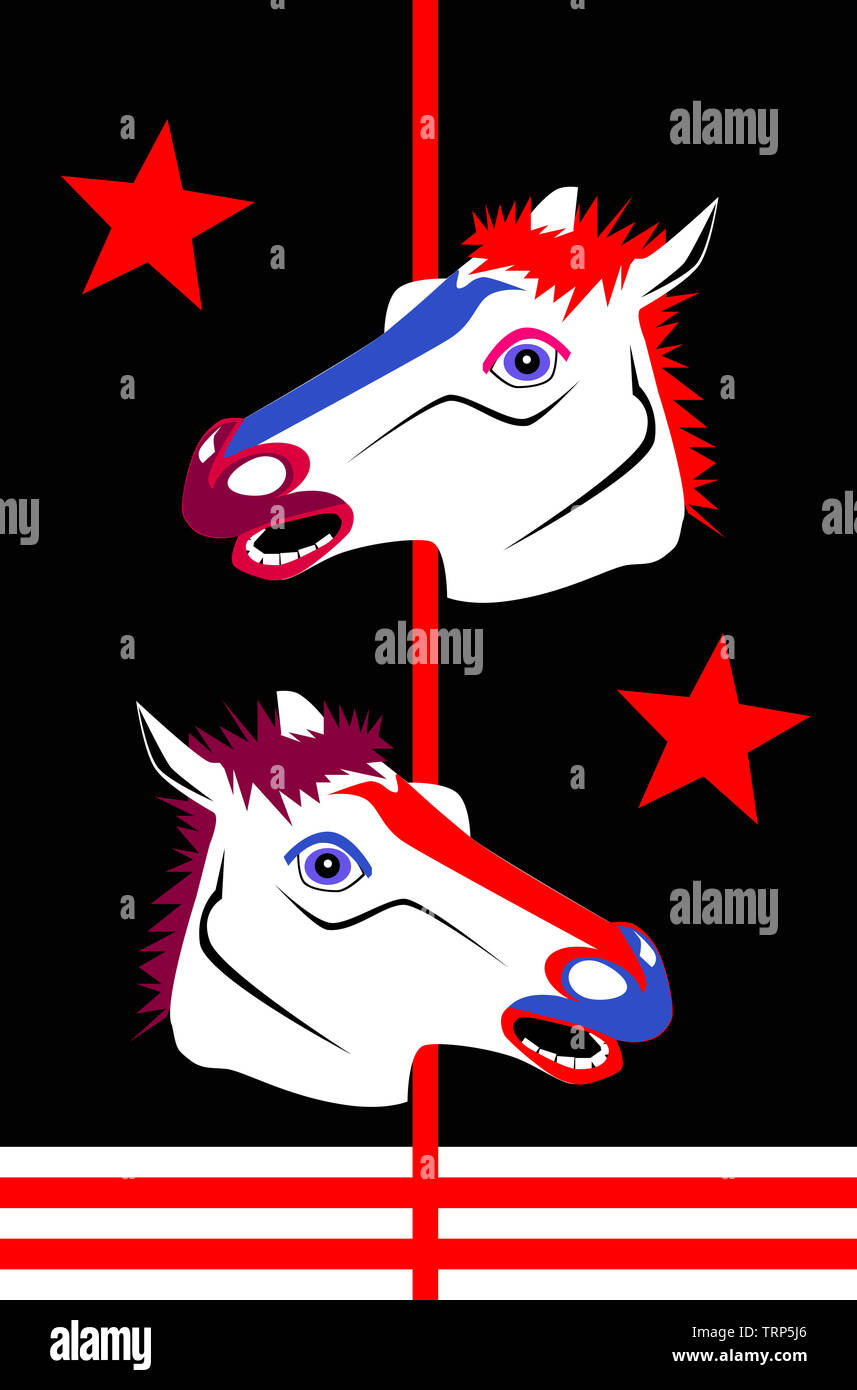 Pop art background with horses and stars, red and purple color, vector Stock Photo