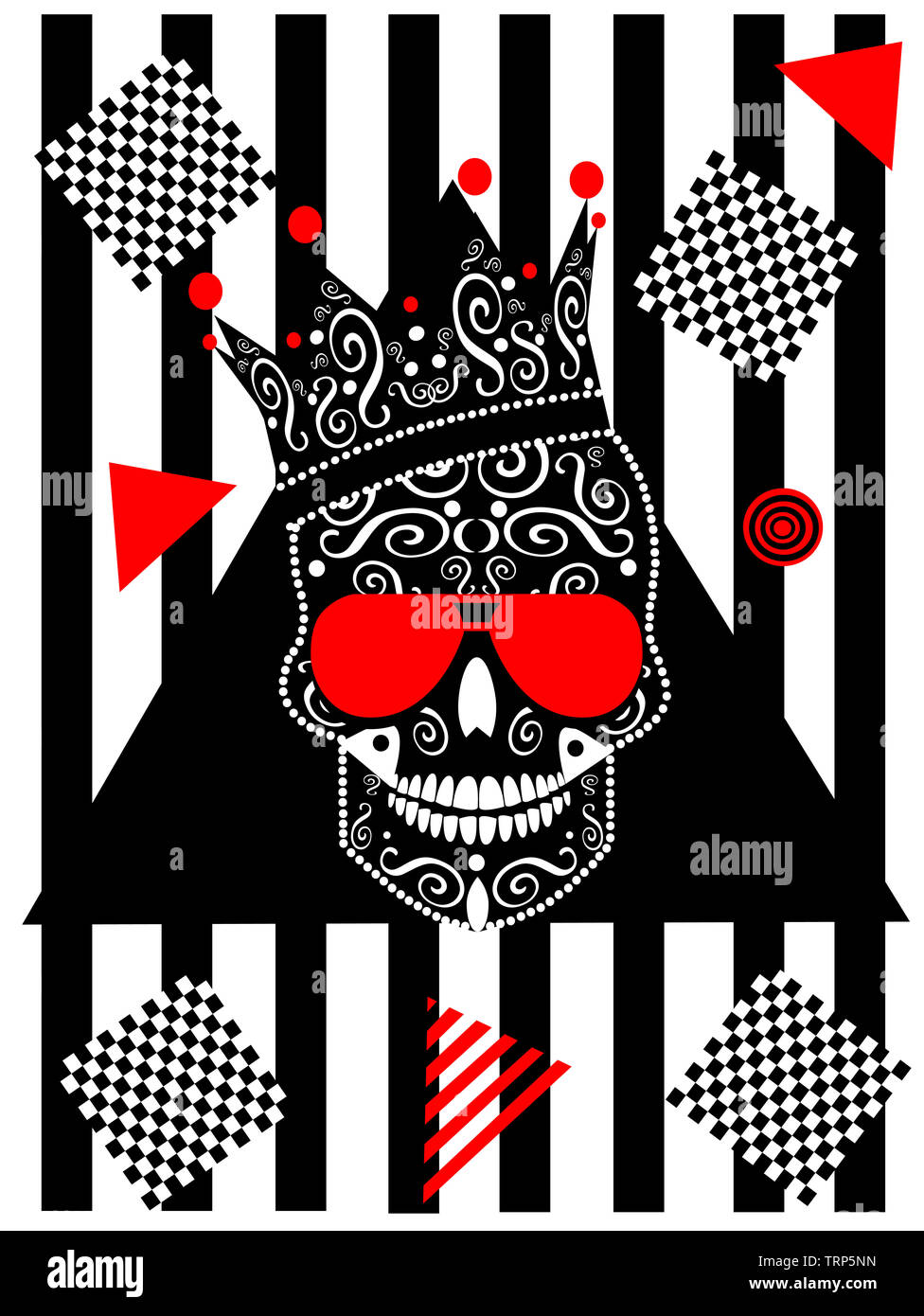 Card wih king skull icon and sunglasses, black and white stripes and red triangles Stock Photo