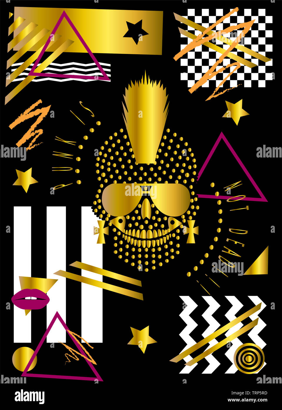 Gold punk skull icon wih Mohawk and sunglasses, pop art background zig zag  Stock Photo - Alamy