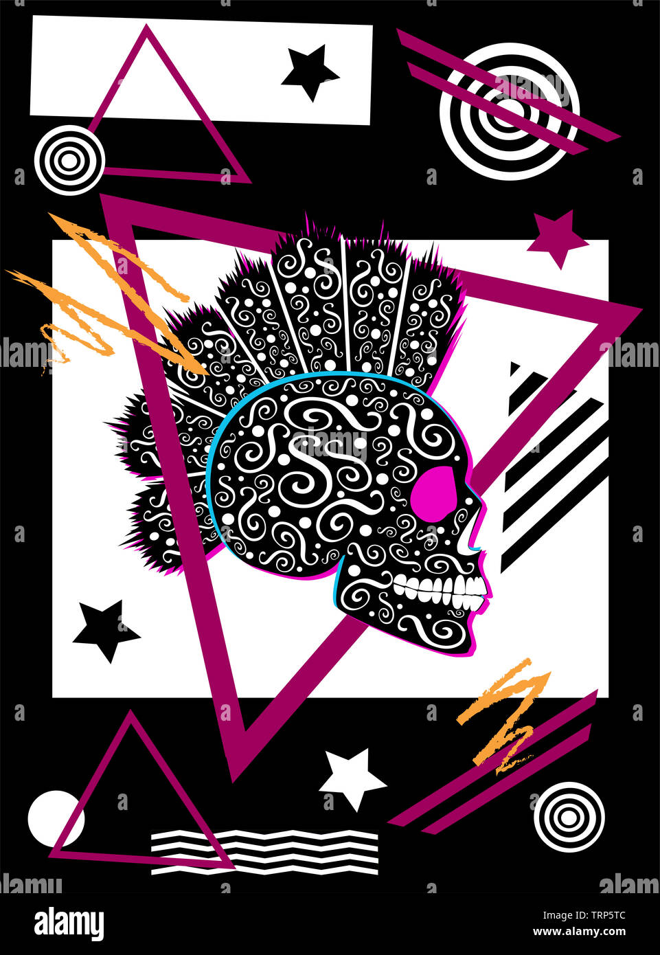 Abstract background with punk skull icon with mohawk geometric black ...