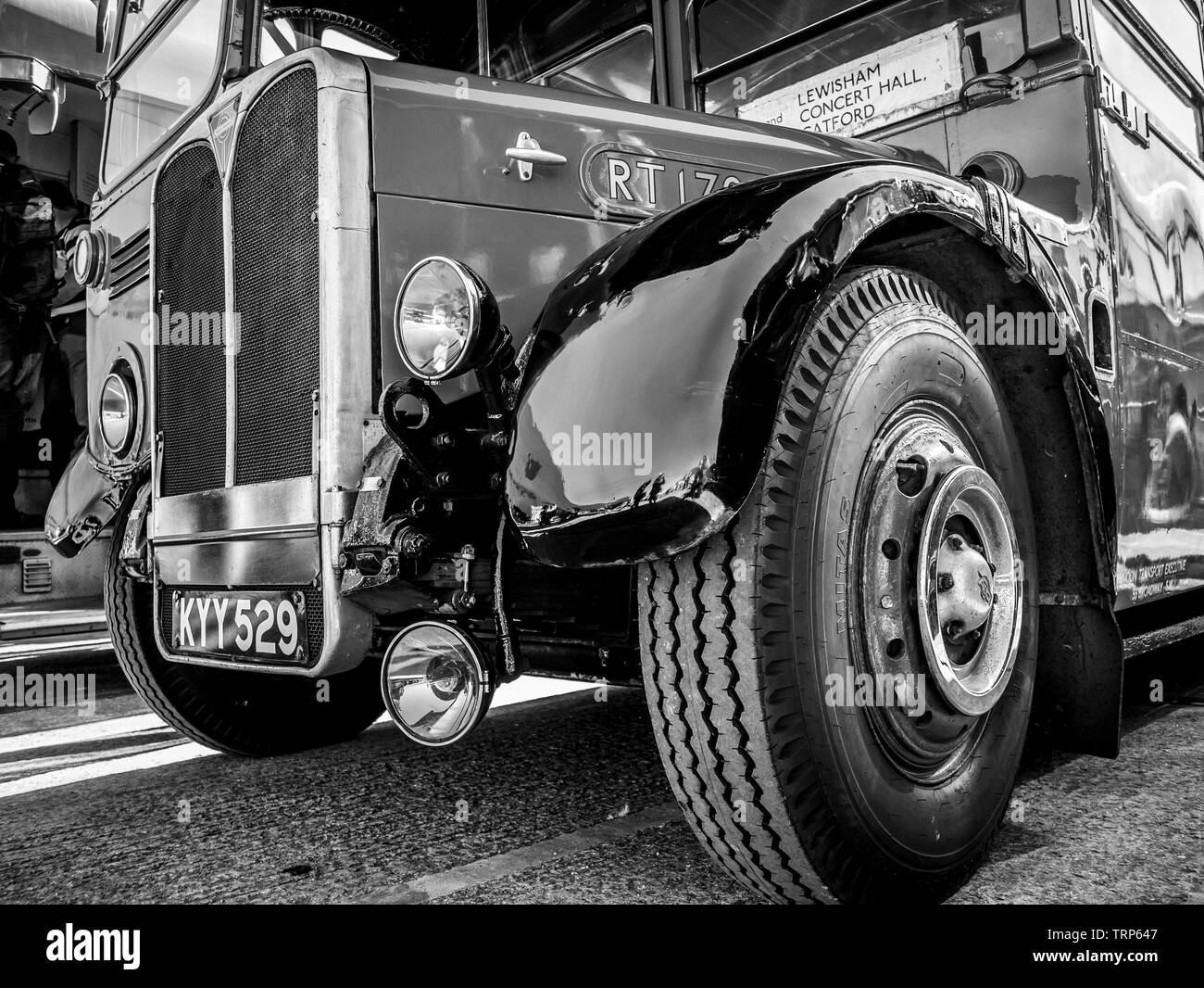 RouteMaster Bus, taken at the London Transport Museum Depot in Black and White Stock Photo