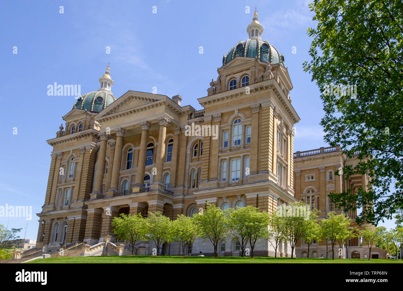 The Iowa State Capitol, also called the Iowa Statehouse, is in Iowa's capital city, Des Moines. It's the only five-domed state capitol in the country Stock Photo