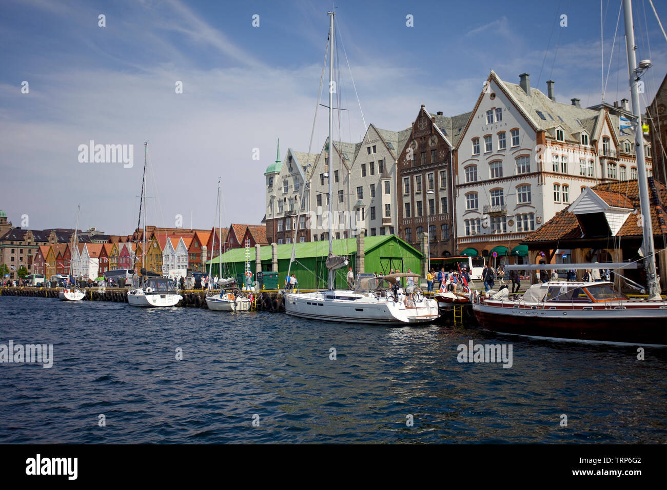 Bryggen Bergen with a series of Hanseatic commercial buildings lining the eastern side of the Vagen harbour. Bergen, Norway Stock Photo