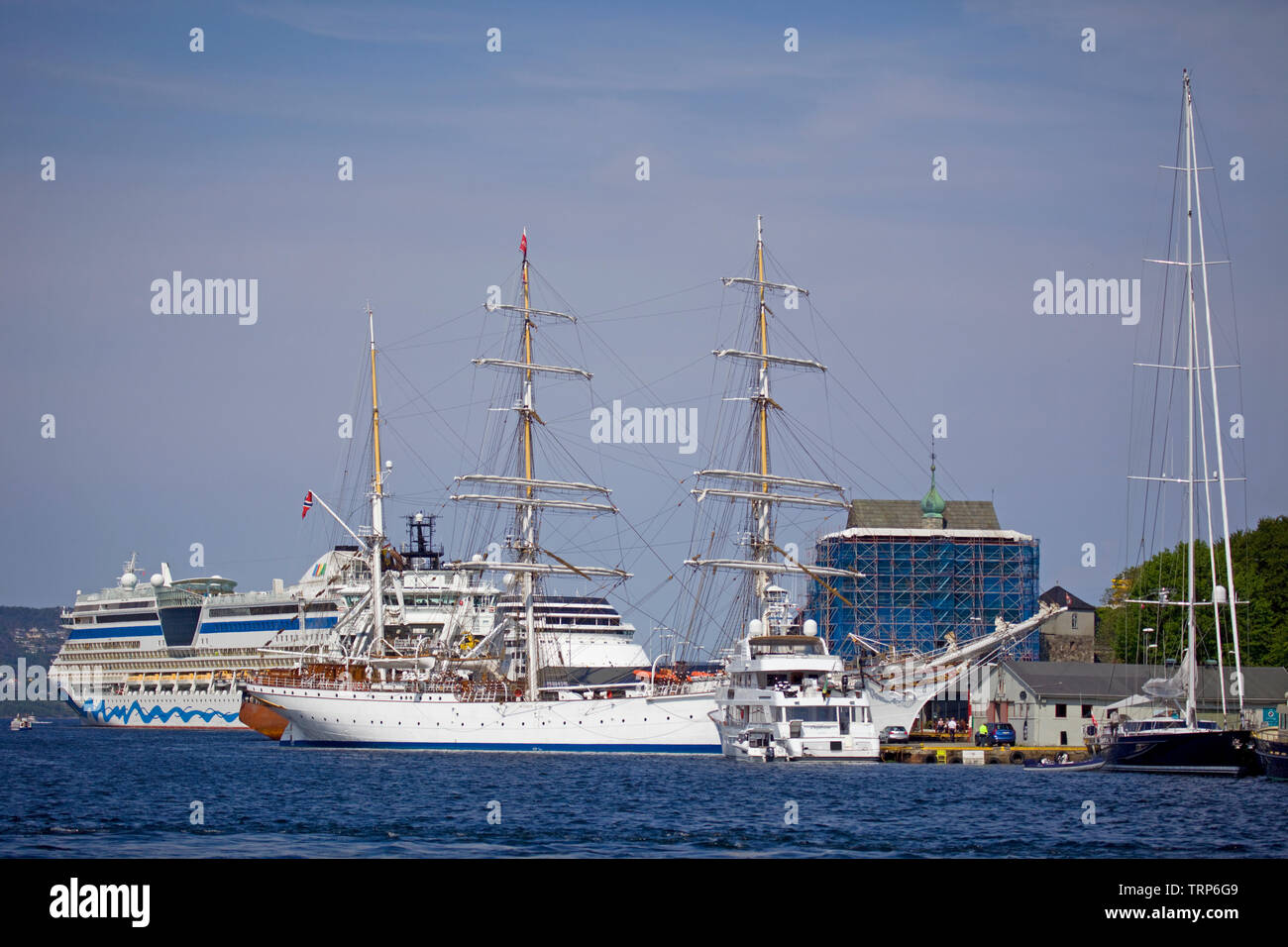 Boats and ships in Vagen harbour Bergen, Norway Stock Photo