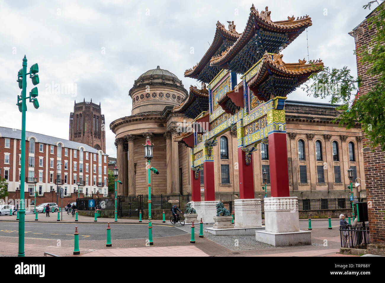 Chinatown Gate,Great George Street,Liverpool, Anglican Cathedral in the Background, Stock Photo