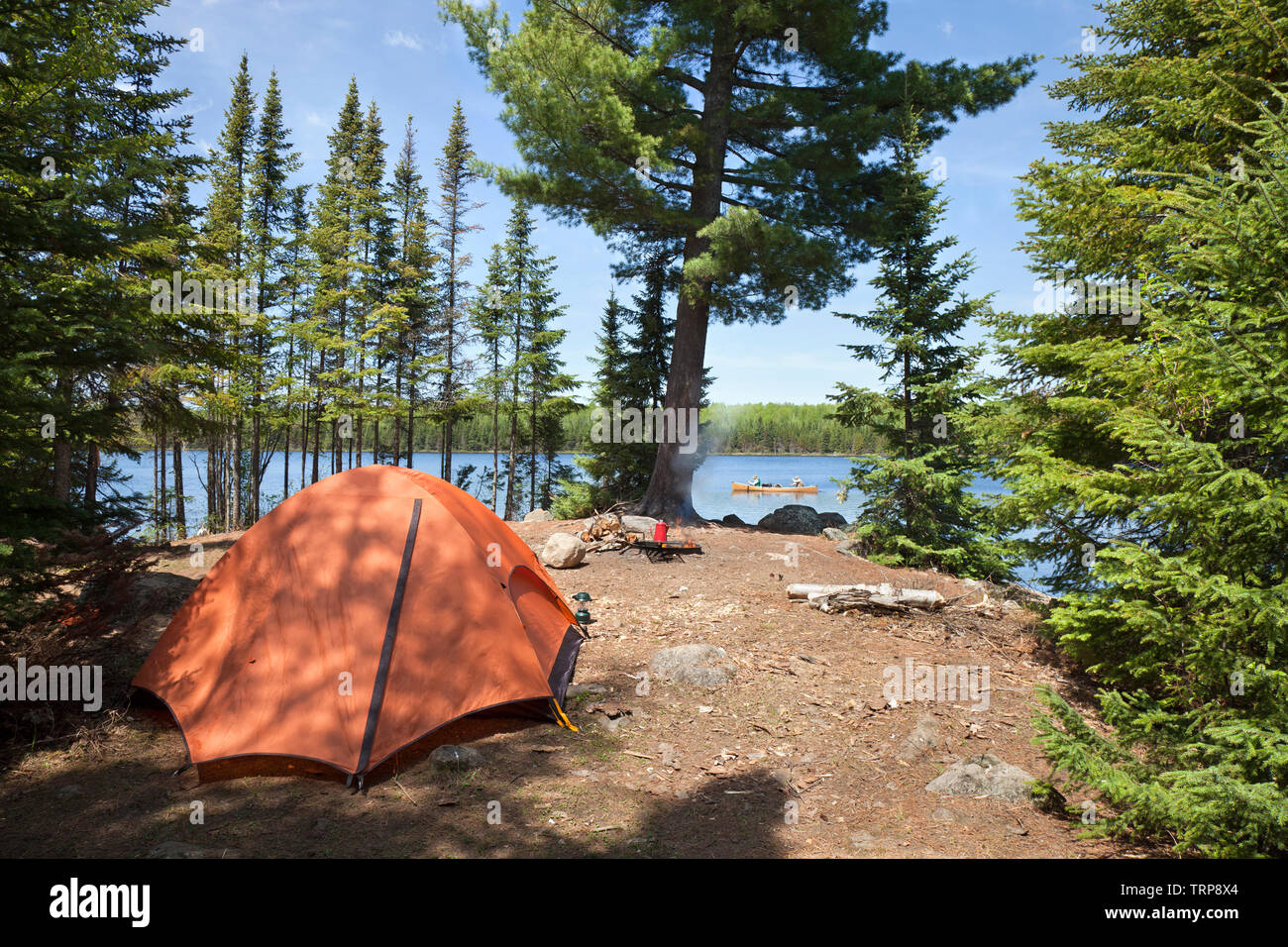 Campsite with orange tent and fire on a northern Minnesota lake during summer Stock Photo