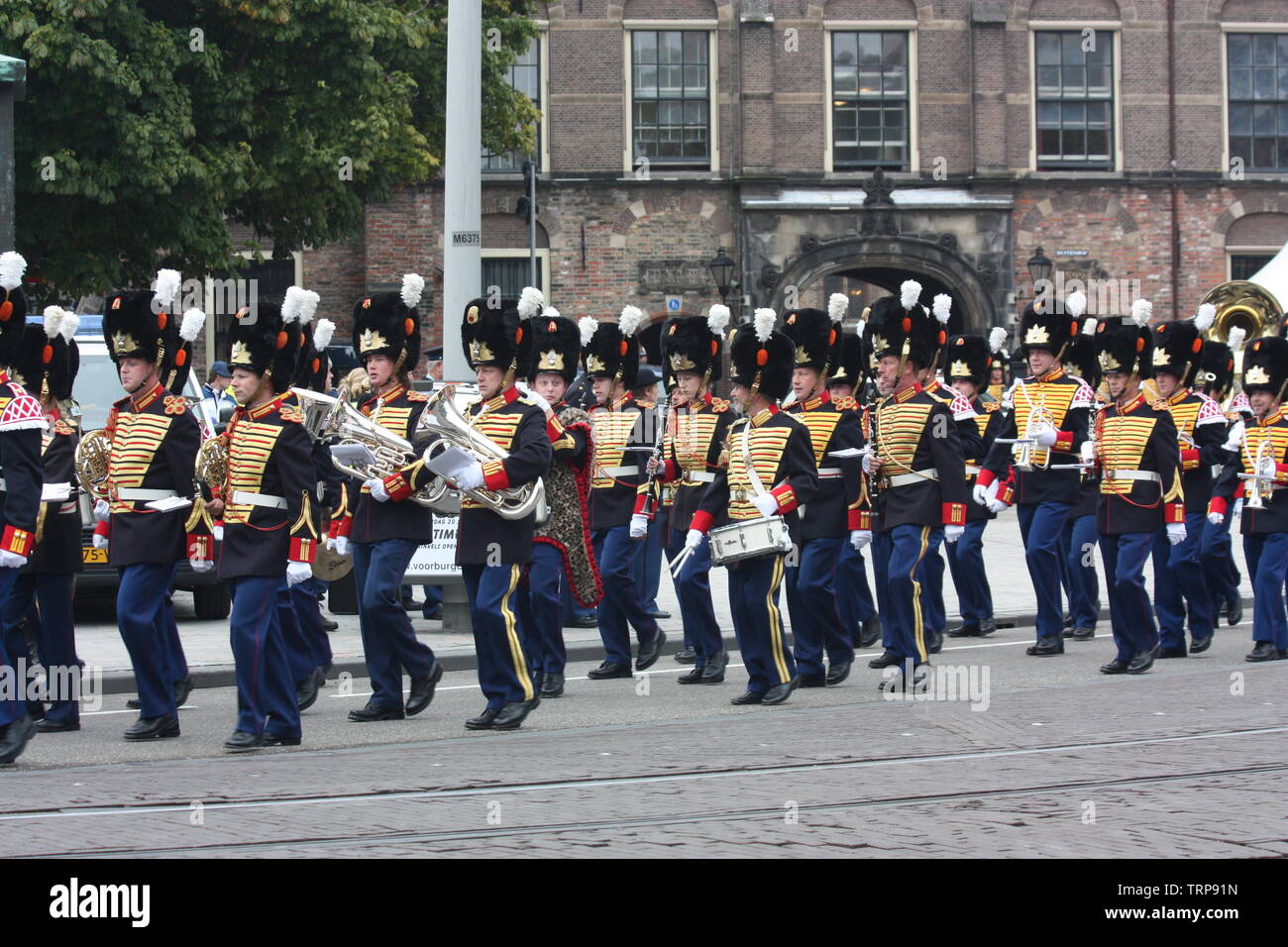The Central Royal Military Band of the Netherlands Army left The Hall of Knights for Noordeinde Palace after the Prinsjesdag ceremonial in Binnenhof. Stock Photo
