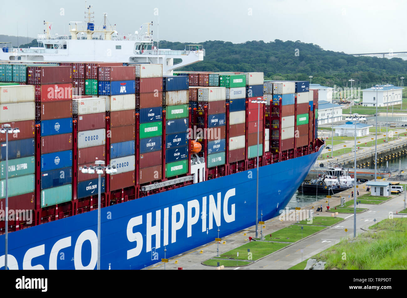 Cosco Shipping Lotus in transit through the expanded Panama Canal Stock Photo