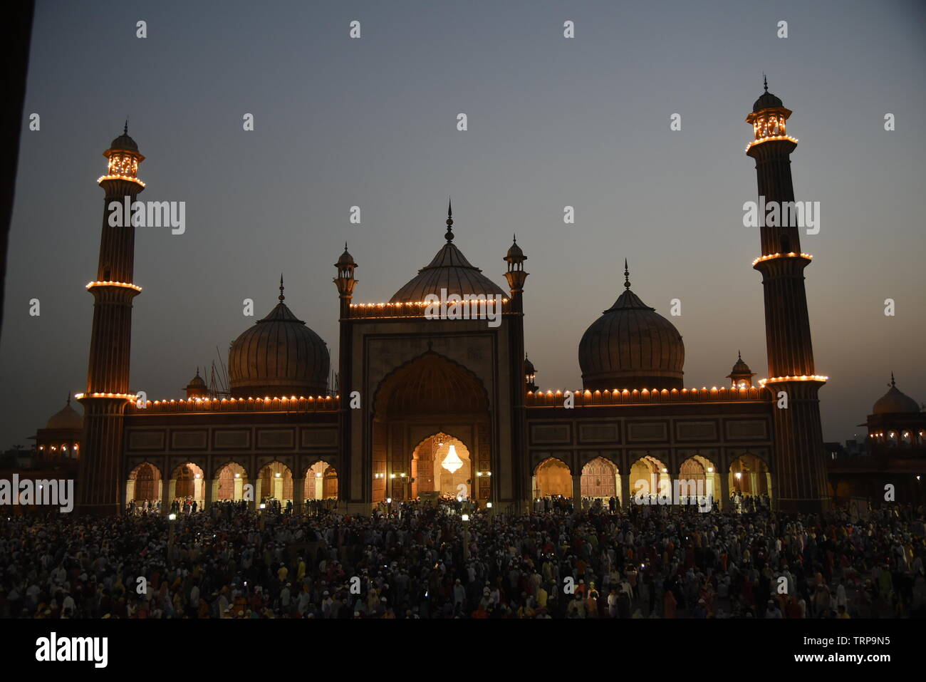 Iftar and EID muslim festival celebration and mass prayer by Muslim community in June 2019 at Jama Masjid Mosque, Old Delhi, Delhi, India, Aisa Stock Photo