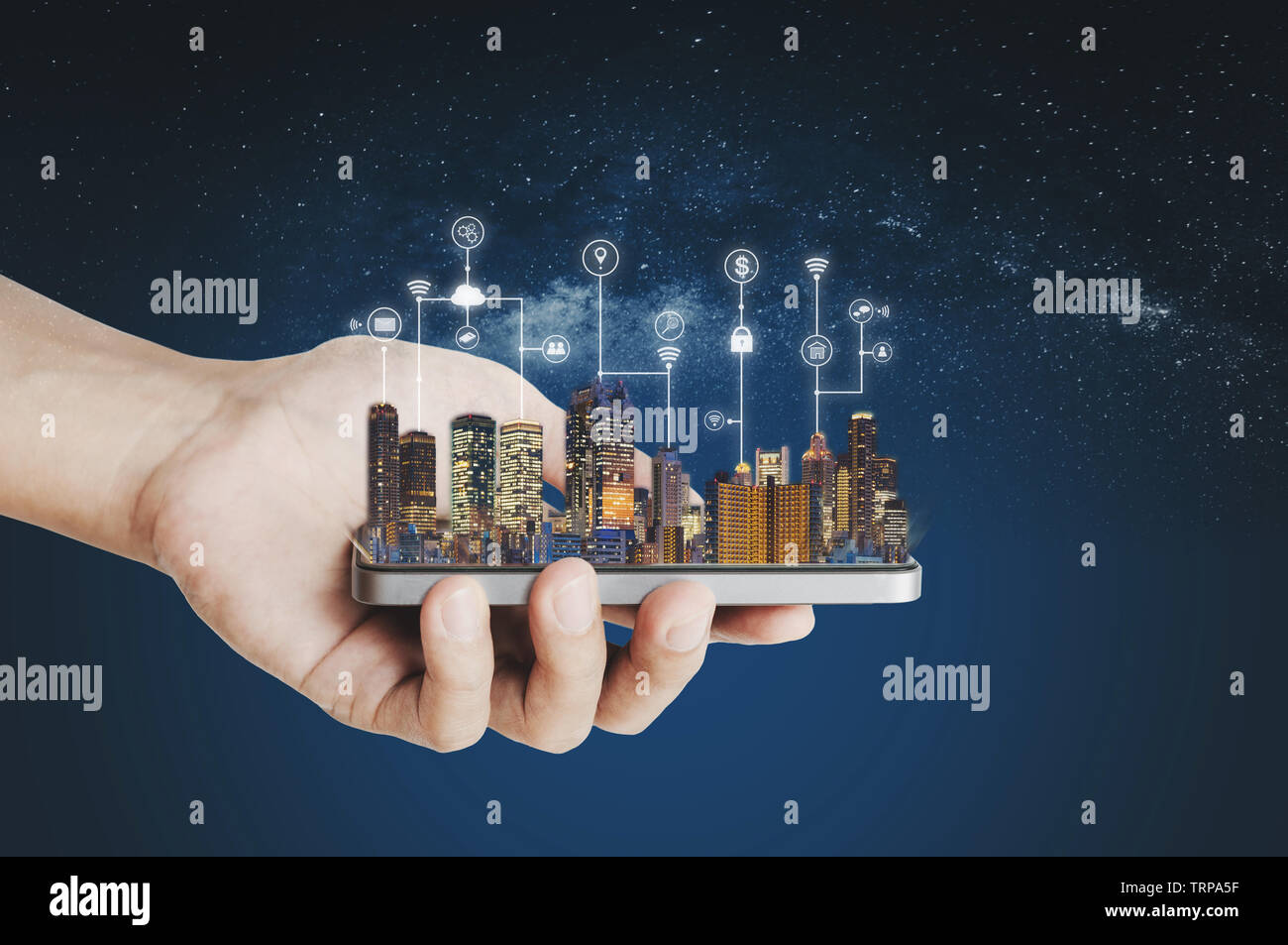 Smart city, building technology and mobile application technology Stock Photo
